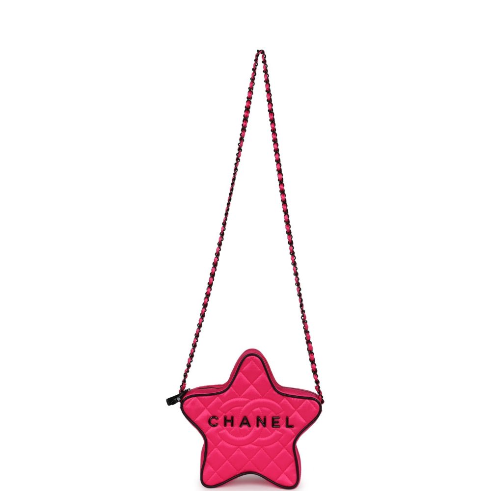 Chanel CC Star Bag Fuchsia and Black Satin Black Metal Hardware - Image 8