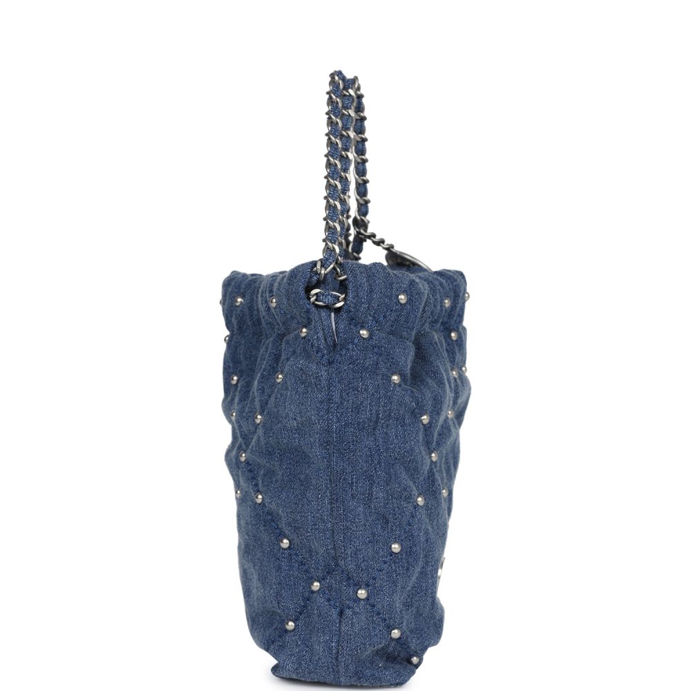 Chanel Mini 22 Bag Blue Studded Denim Silver Hardware - Image 3