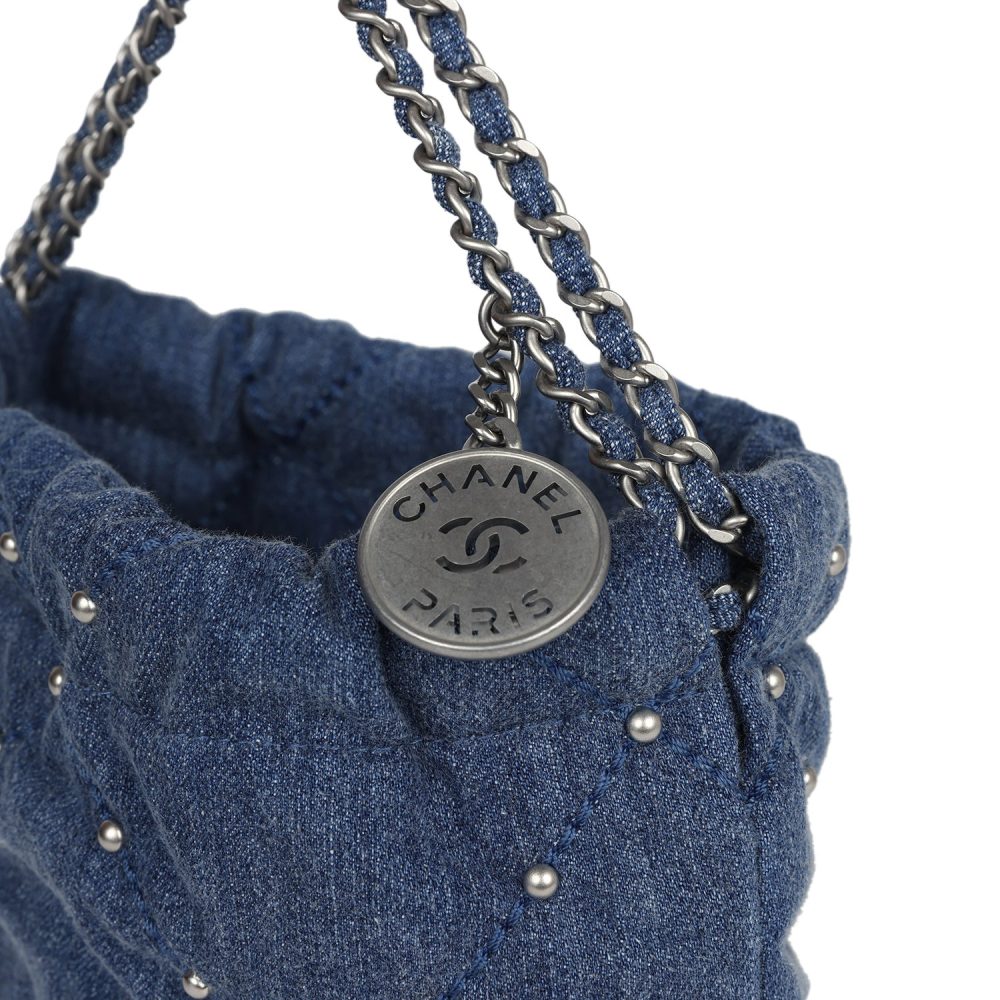 Chanel Mini 22 Bag Blue Studded Denim Silver Hardware - Image 8