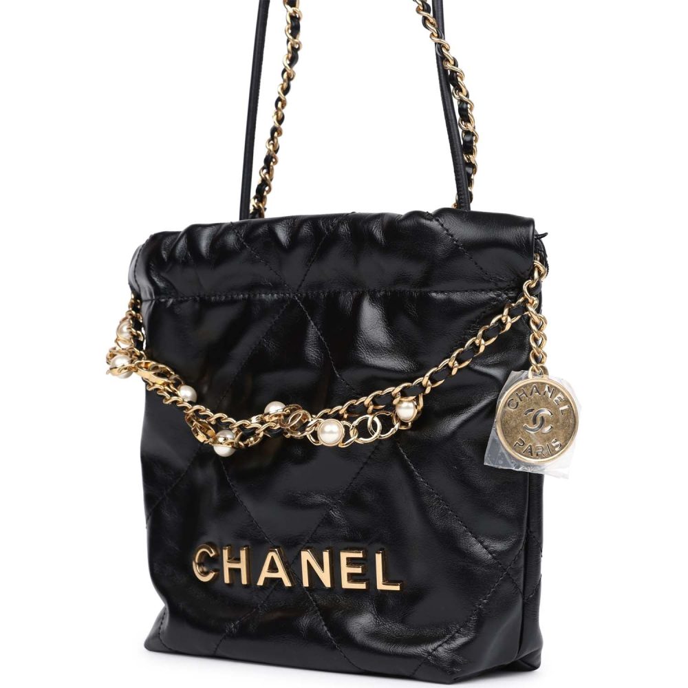 Chanel Mini 22 Bag Black Calfskin Pearls & Gold Hardware - Image 5