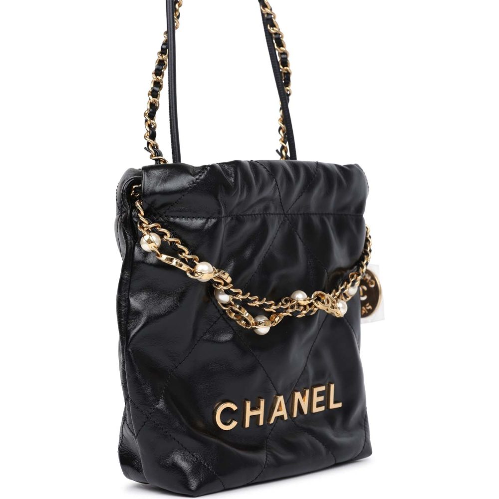 Chanel Mini 22 Bag Black Calfskin Pearls & Gold Hardware - Image 2