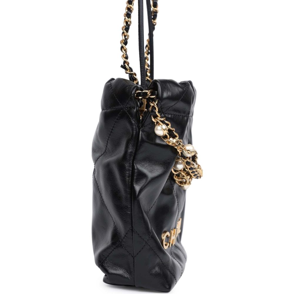Chanel Mini 22 Bag Black Calfskin Pearls & Gold Hardware - Image 3