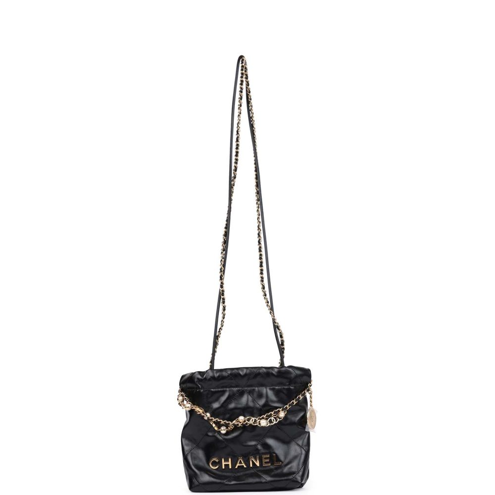 Chanel Mini 22 Bag Black Calfskin Pearls & Gold Hardware - Image 6