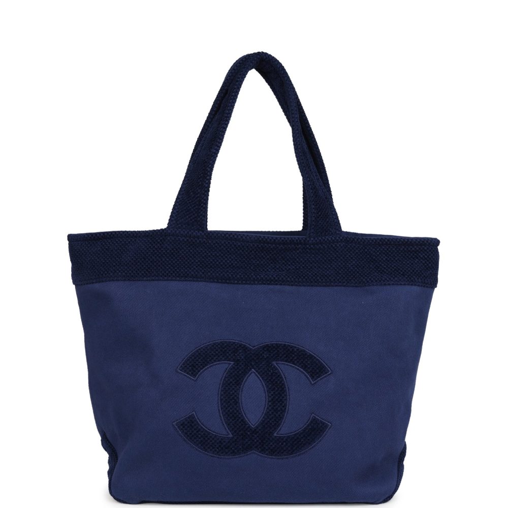 Chanel CC Beach Tote Bag & Towel Set Navy Blue Canvas & Terry - Image 2