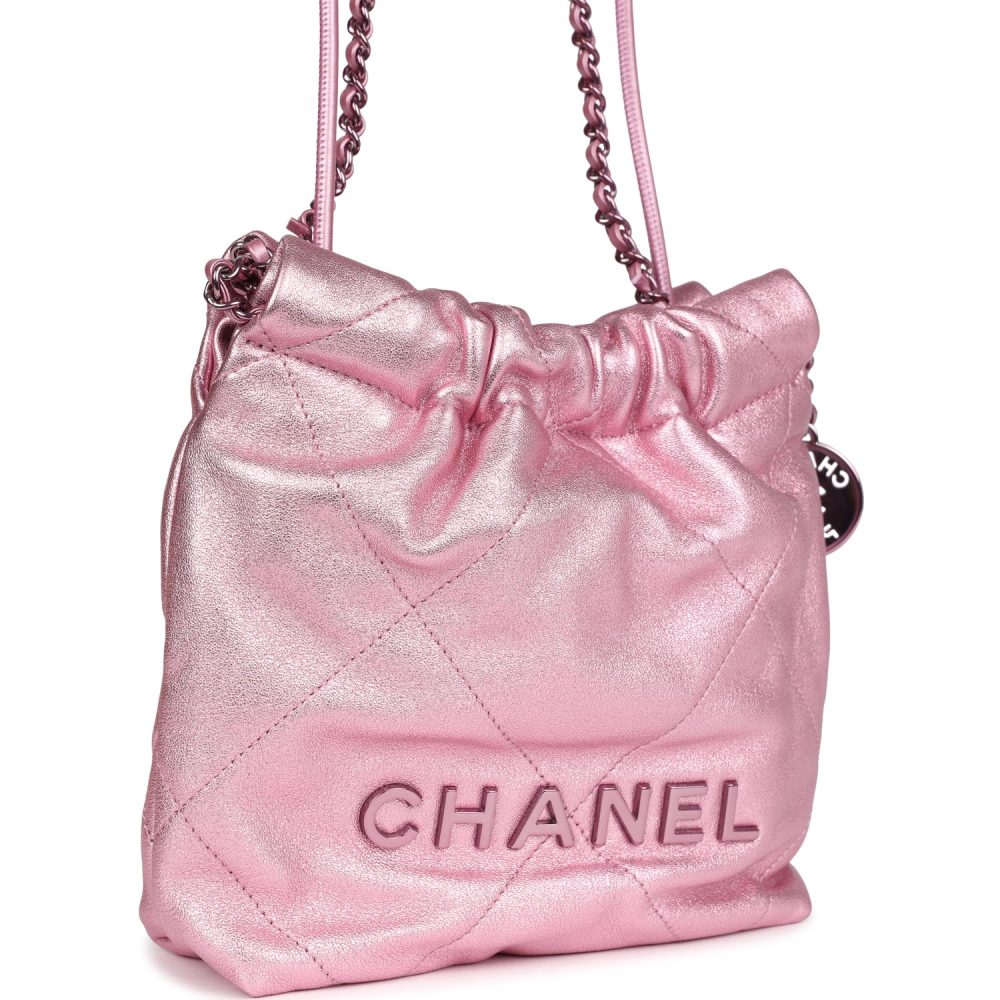 Chanel Mini 22 Bag Pink Metallic Lambskin Lacquered Metal Hardware - Image 2