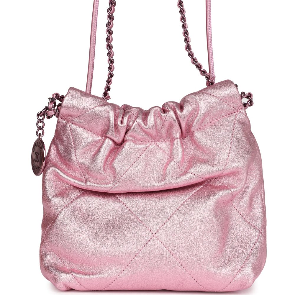 Chanel Mini 22 Bag Pink Metallic Lambskin Lacquered Metal Hardware - Image 4