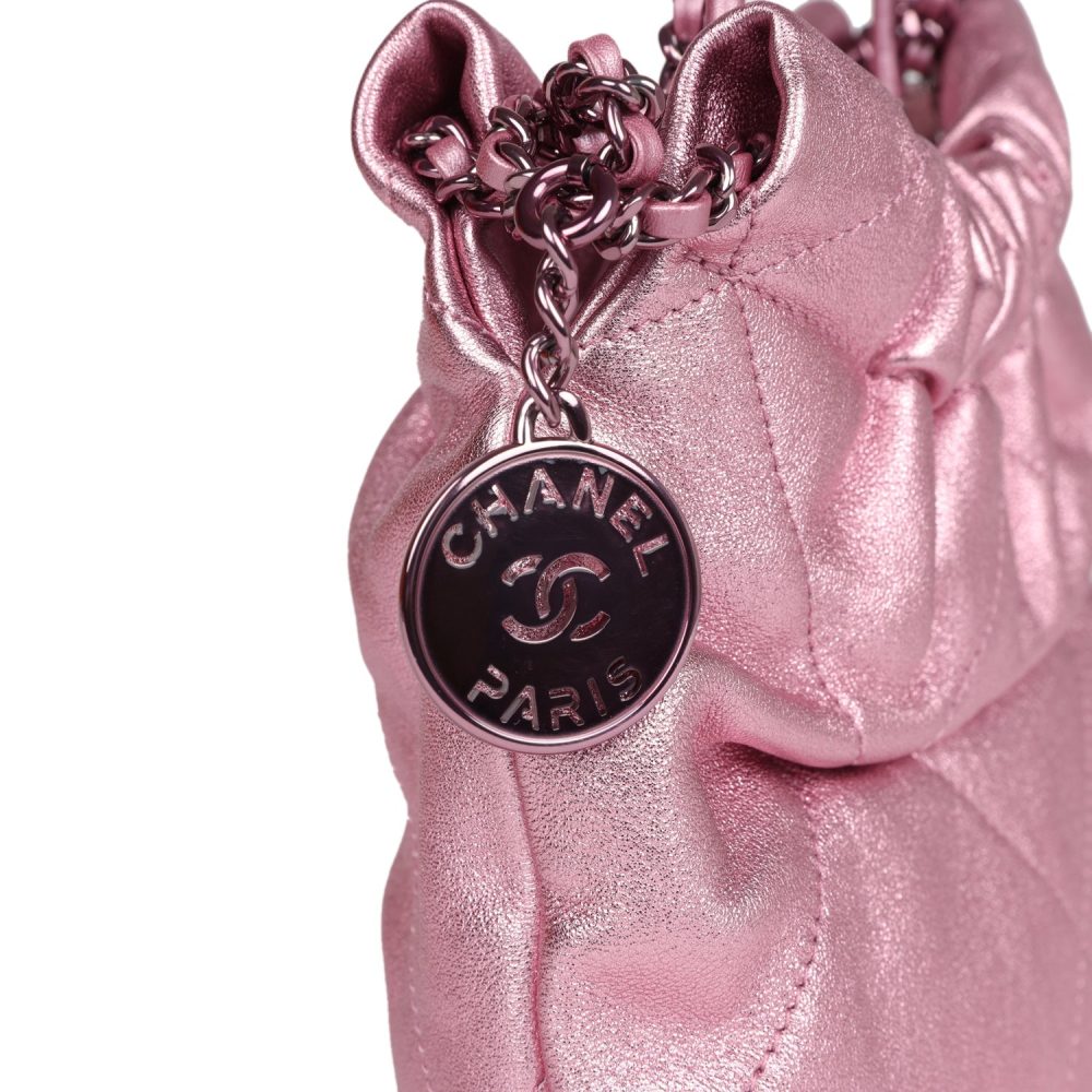 Chanel Mini 22 Bag Pink Metallic Lambskin Lacquered Metal Hardware - Image 6