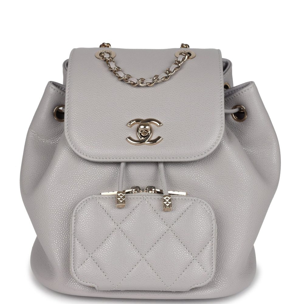 Chanel Small Business Affinity Backpack Light Grey Shiny Caviar Light Gold Hardware