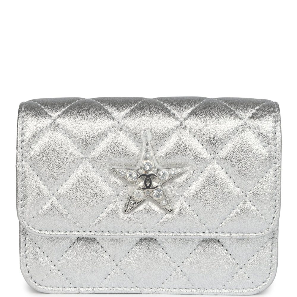 Chanel Crystal CC Walk Of Fame Clutch Wallet Silver Metallic Goatskin Silver Hardware