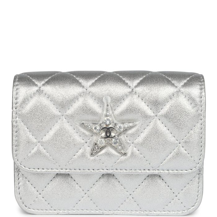 Chanel Crystal CC Walk Of Fame Clutch Wallet Silver Metallic Goatskin Silver Hardware