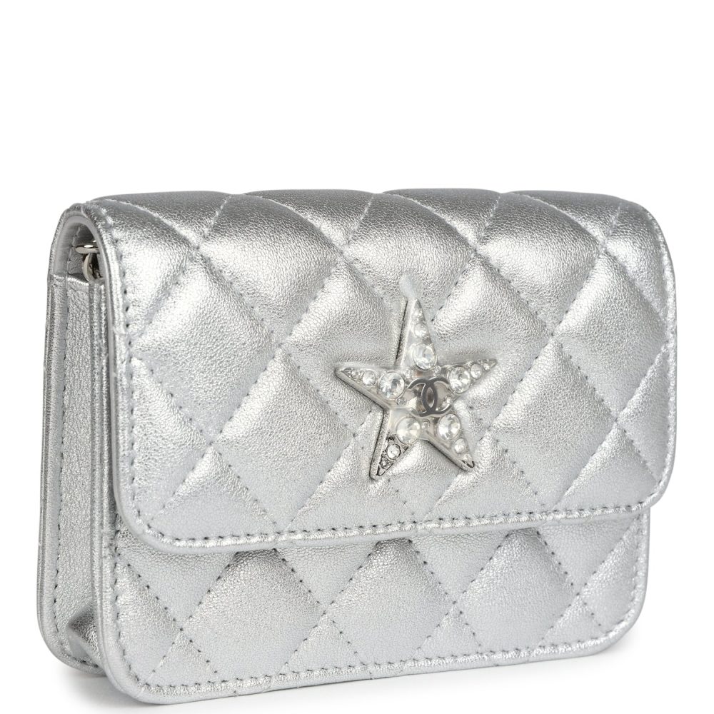 Chanel Crystal CC Walk Of Fame Clutch Wallet Silver Metallic Goatskin Silver Hardware - Image 2