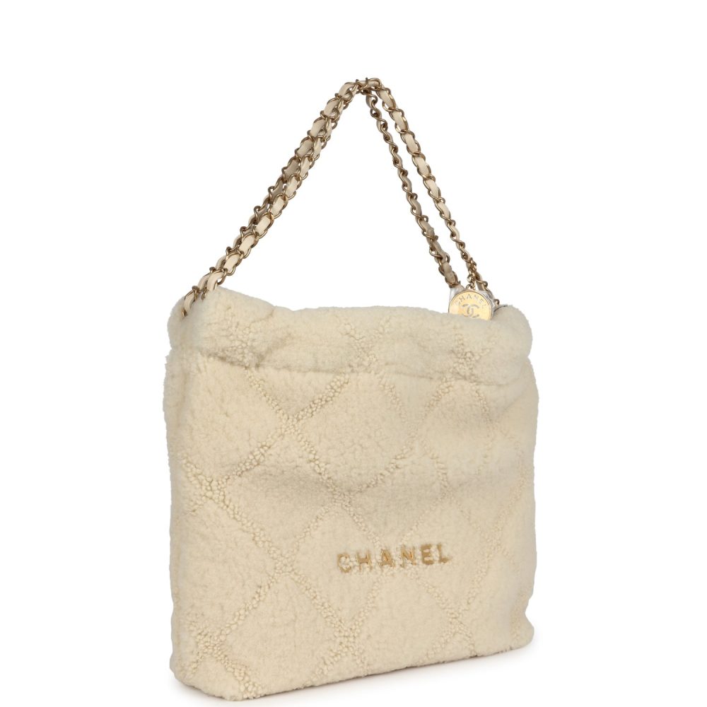 Chanel Small 22 Bag Ecru Shearling Brushed Gold Hardware - Image 2