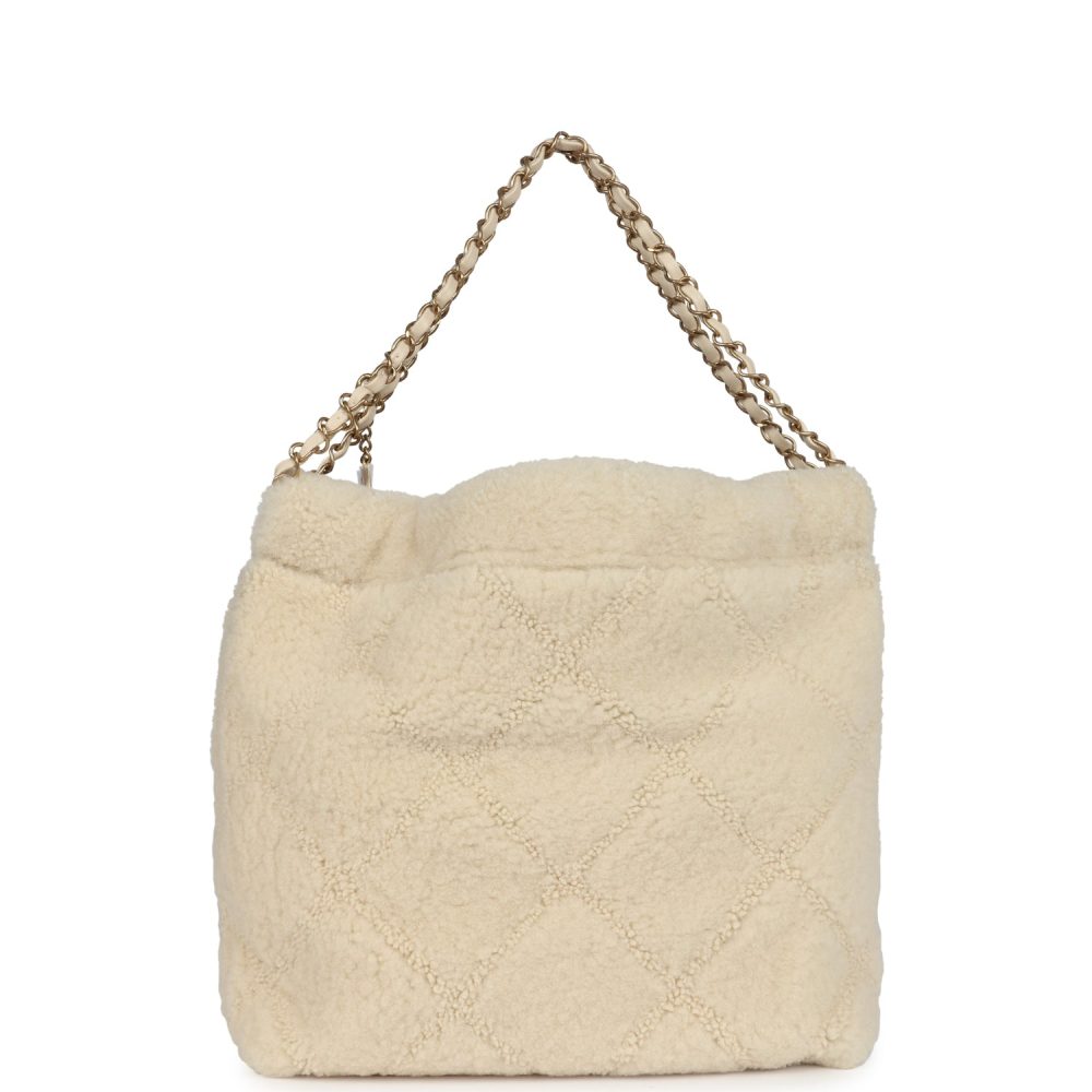 Chanel Small 22 Bag Ecru Shearling Brushed Gold Hardware - Image 4