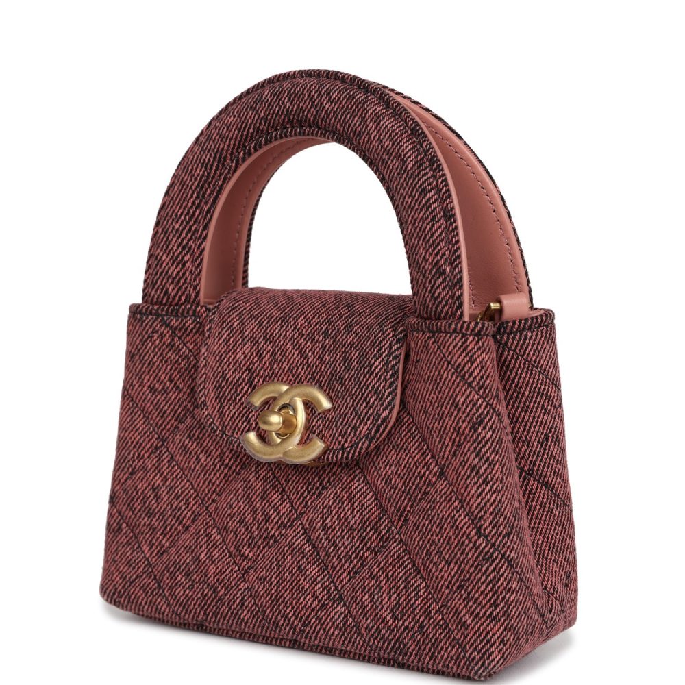 Chanel Nano Kelly Shopper Pink and Black Washed Denim Brushed Gold Hardware - Image 5