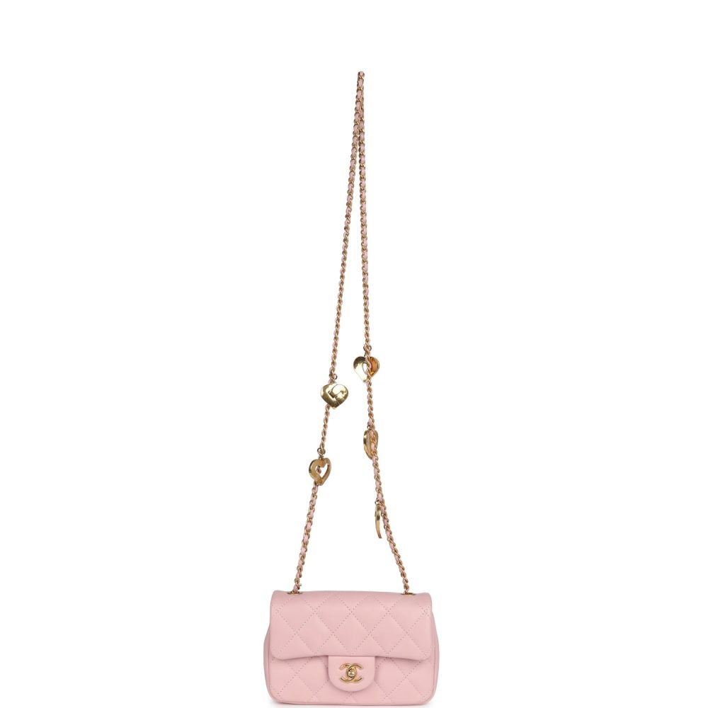 Pre-owned Chanel Mini Rectangular Flap Bag with Heart Chain Pink Lambskin Antique Gold Hardware - Image 7