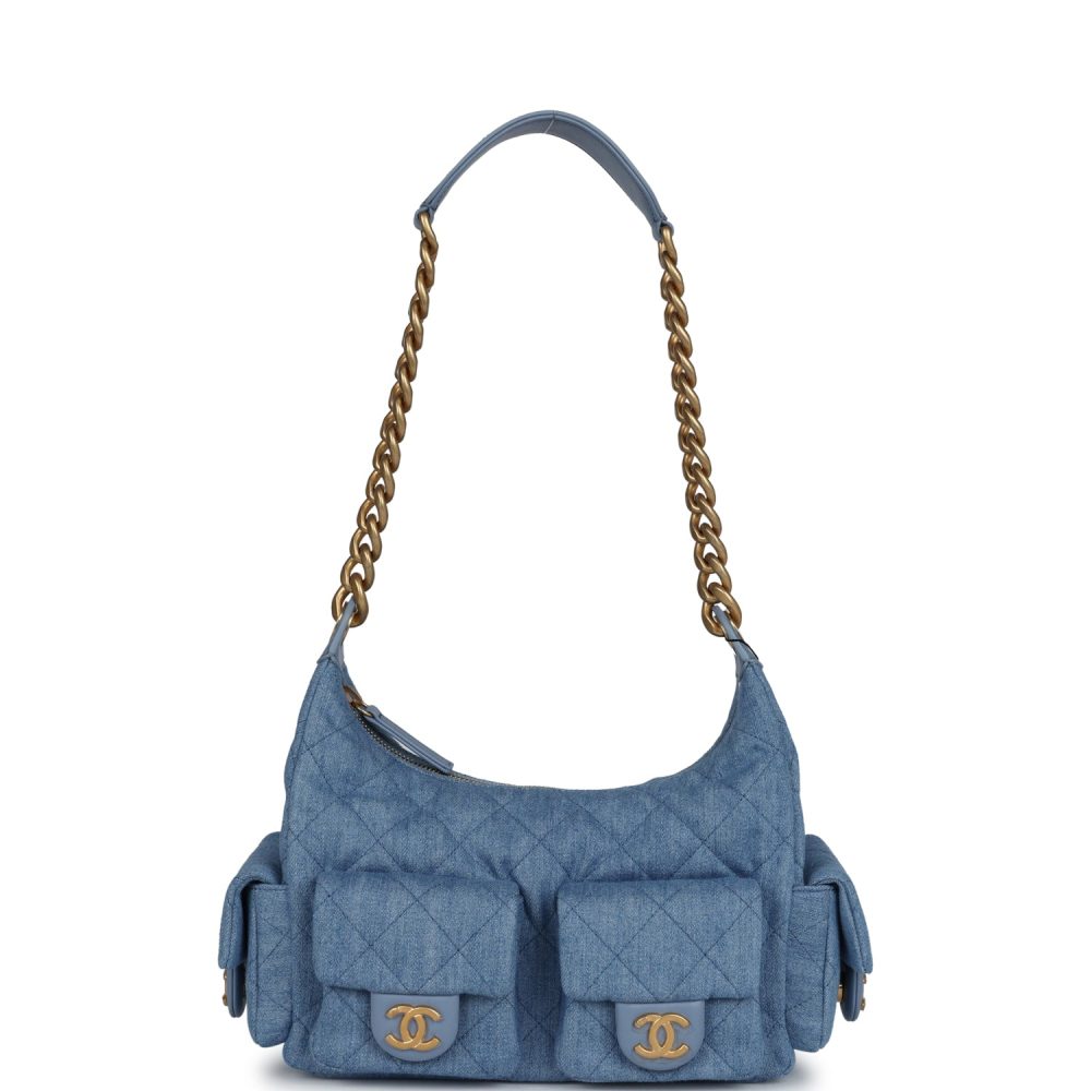 Chanel Large Cargo Hobo Bag Light Blue Washed Denim Brushed Gold Hardware - Image 7