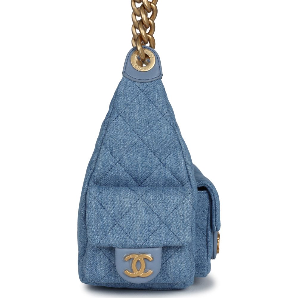 Chanel Large Cargo Hobo Bag Light Blue Washed Denim Brushed Gold Hardware - Image 3