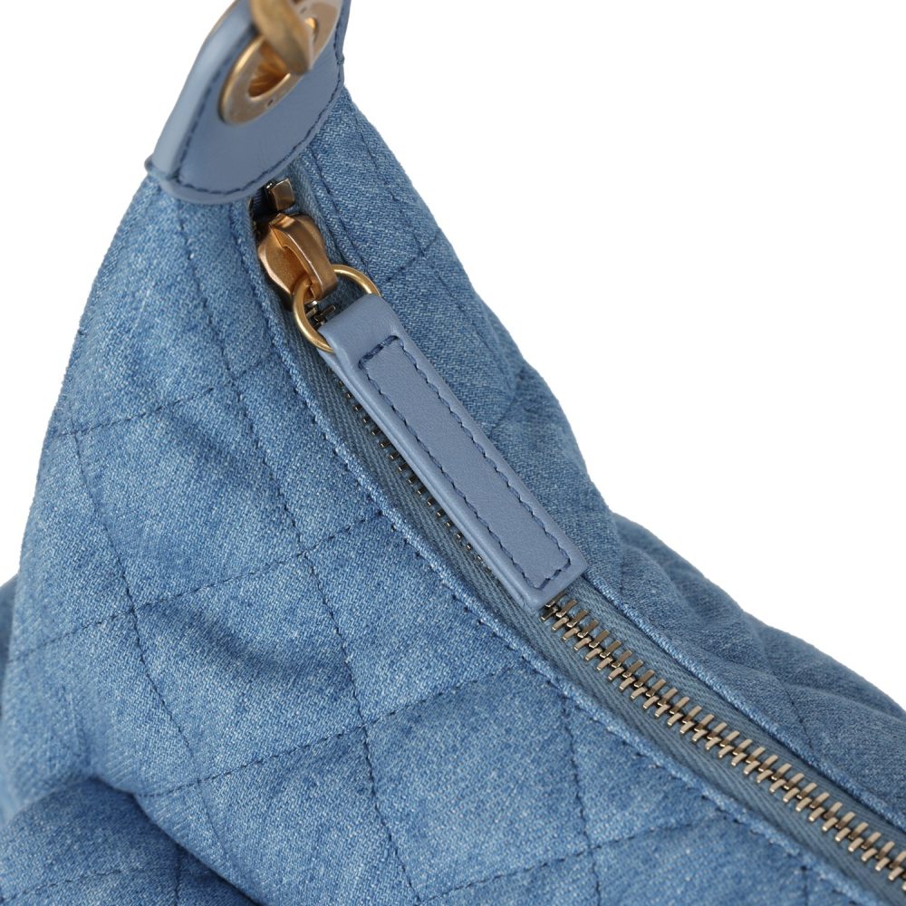 Chanel Large Cargo Hobo Bag Light Blue Washed Denim Brushed Gold Hardware - Image 8