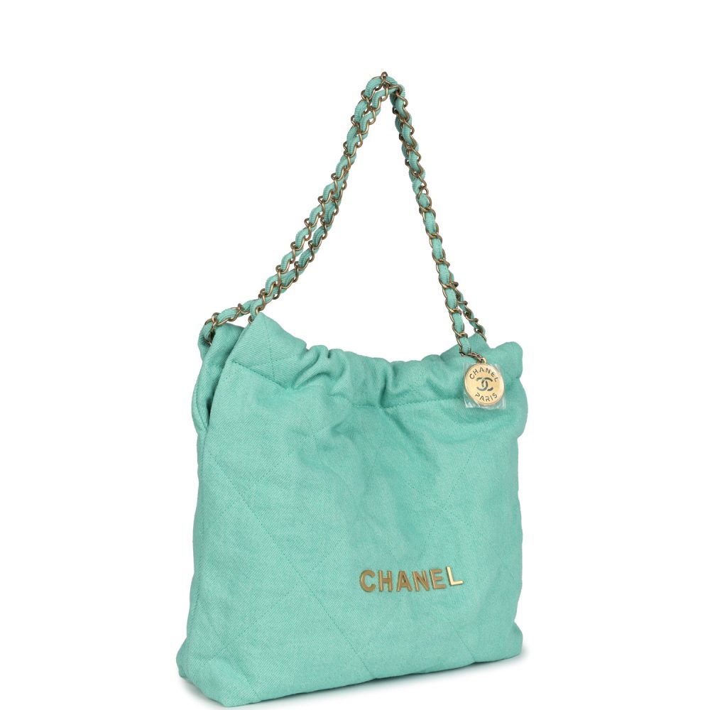 Chanel Small 22 Bag Light Green Washed Denim Gold Hardware - Image 2