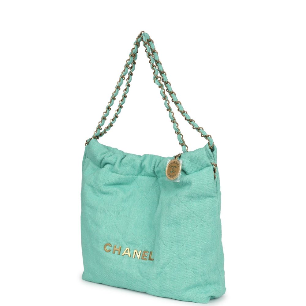 Chanel Small 22 Bag Light Green Washed Denim Gold Hardware - Image 5