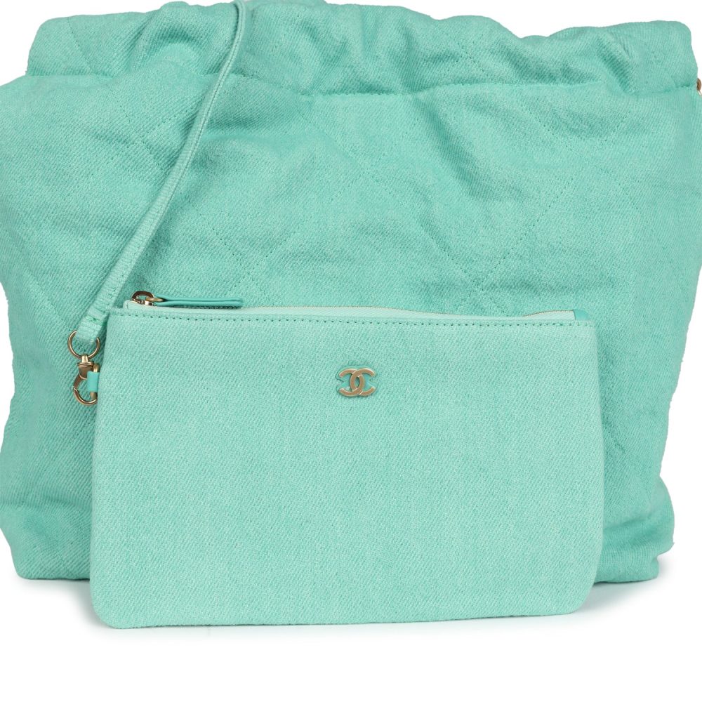 Chanel Small 22 Bag Light Green Washed Denim Gold Hardware - Image 7