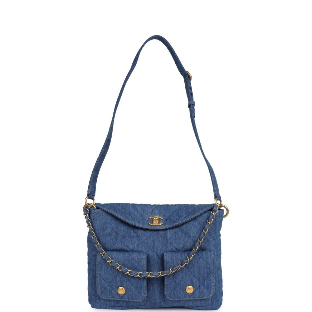 Chanel Large Supple Twins Hobo Bag Blue Denim Brushed Gold Hardware - Image 7