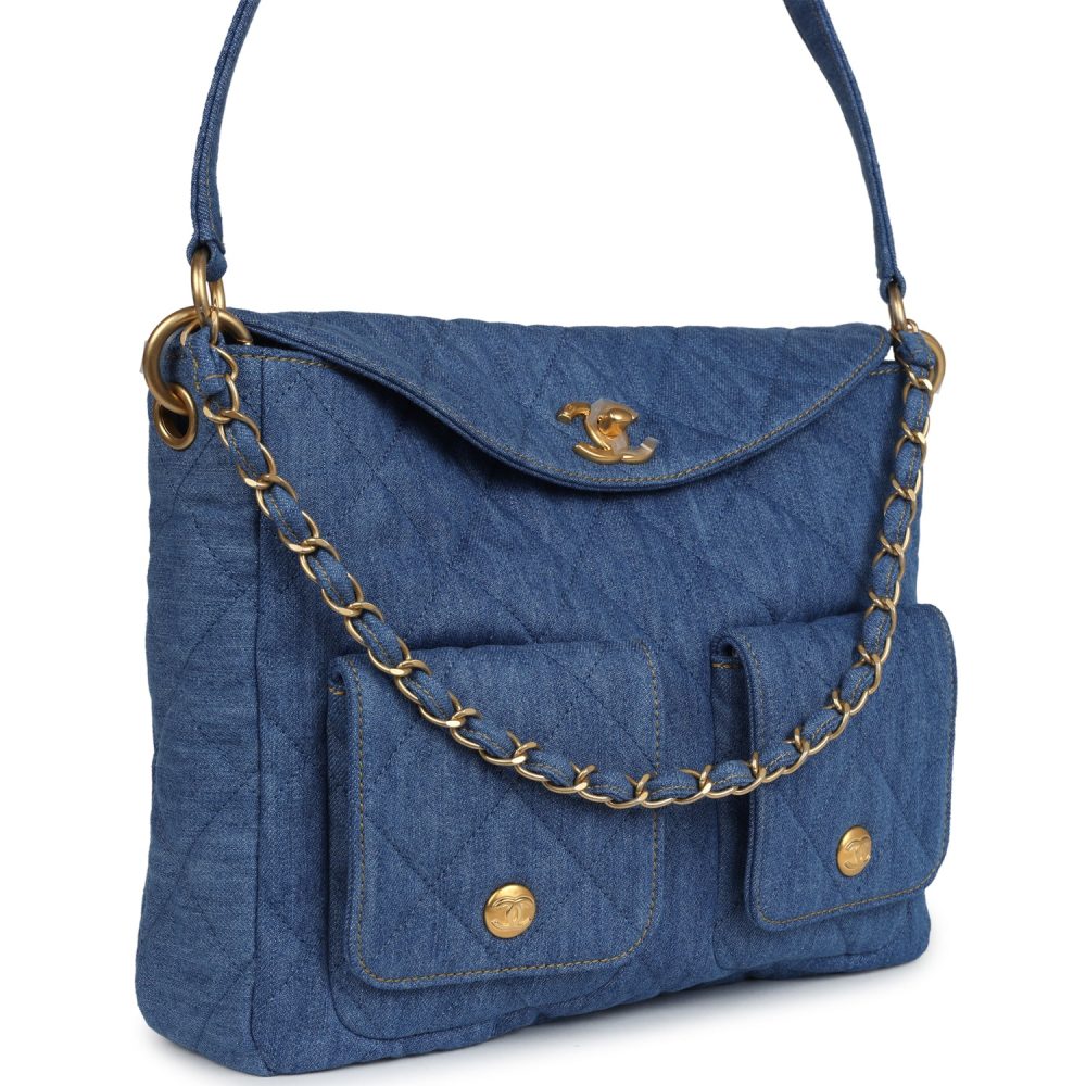 Chanel Large Supple Twins Hobo Bag Blue Denim Brushed Gold Hardware - Image 2