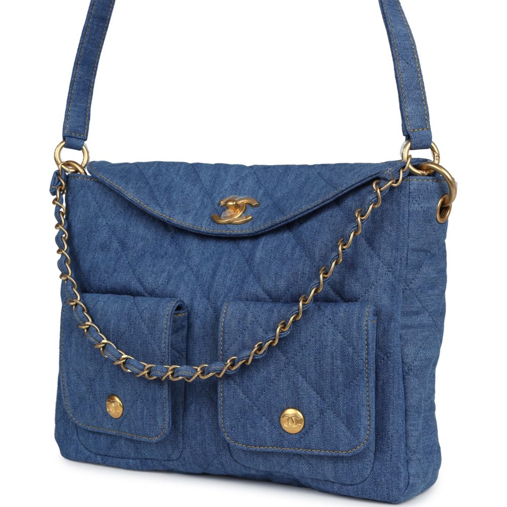 Chanel Large Supple Twins Hobo Bag Blue Denim Brushed Gold Hardware - Image 5