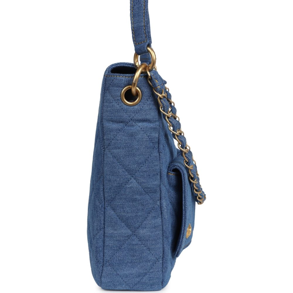 Chanel Large Supple Twins Hobo Bag Blue Denim Brushed Gold Hardware - Image 3