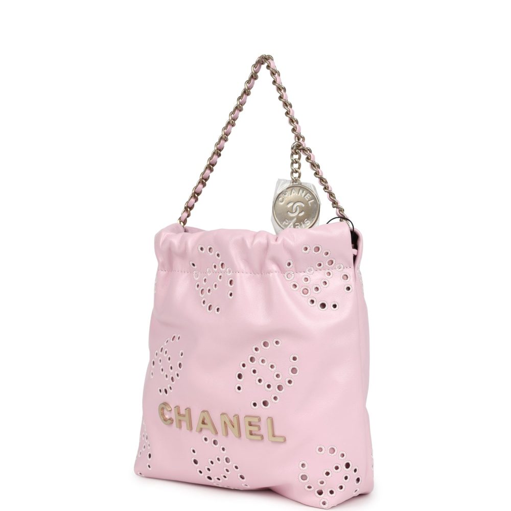 Chanel Mini 22 Bag Pink Shiny Calfskin Brushed Gold Hardware - Image 5