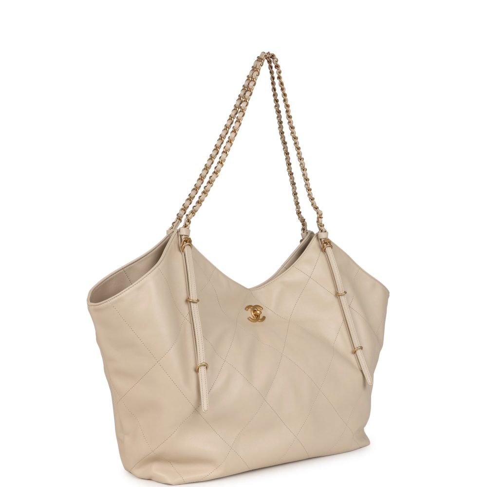 Chanel Maxi Coco Shopping Bag Beige Calfskin Antique Gold Hardware - Image 2