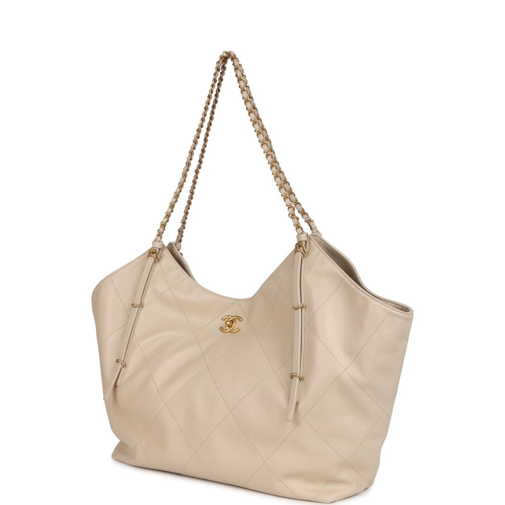 Chanel Maxi Coco Shopping Bag Beige Calfskin Antique Gold Hardware - Image 5