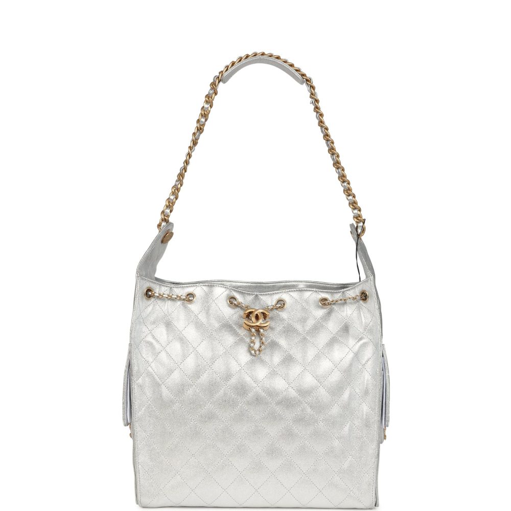 Chanel Medium 25 Hobo Bag Metallic Silver Caviar Antique Gold Hardware - Image 7