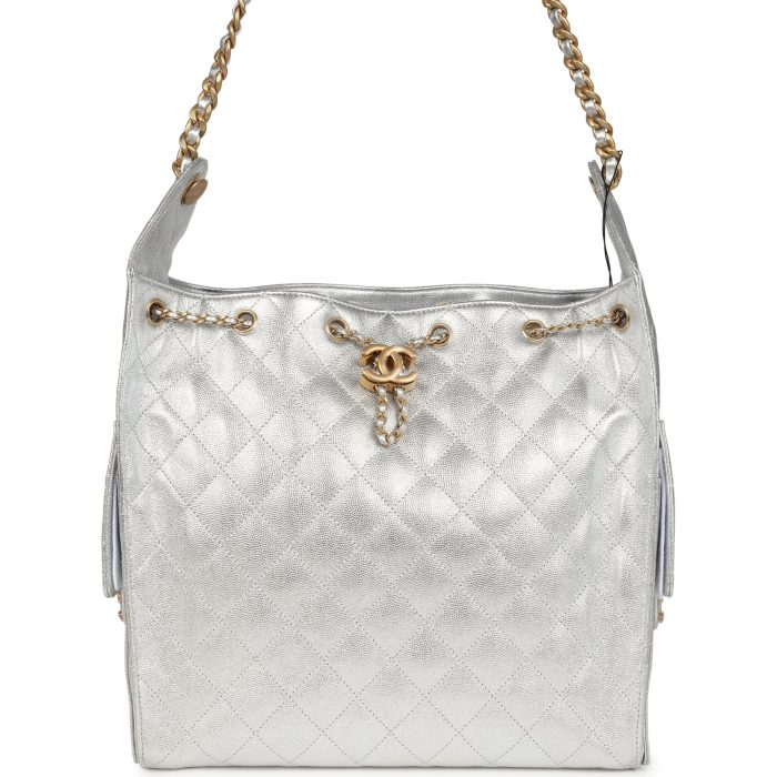 Chanel Medium 25 Hobo Bag Metallic Silver Caviar Antique Gold Hardware