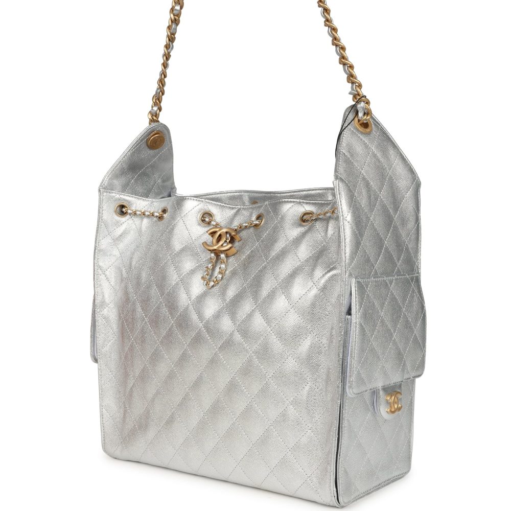 Chanel Medium 25 Hobo Bag Metallic Silver Caviar Antique Gold Hardware - Image 5