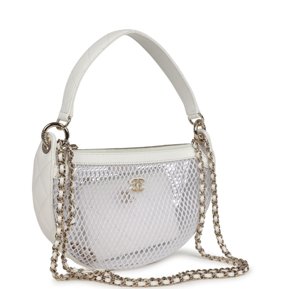 Chanel Round Clutch with Chain White Mesh Light Gold Hardware - Image 2