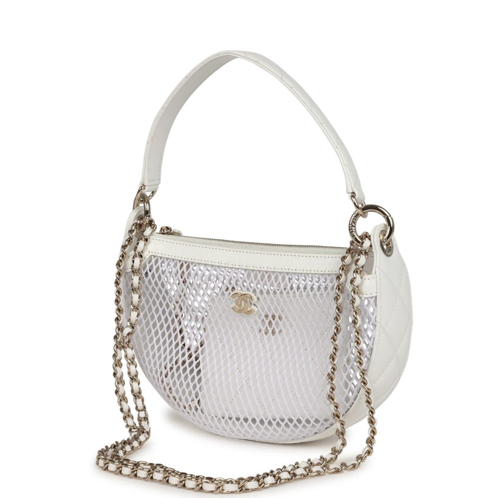 Chanel Round Clutch with Chain White Mesh Light Gold Hardware - Image 5