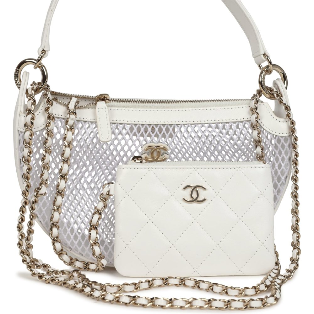Chanel Round Clutch with Chain White Mesh Light Gold Hardware - Image 6