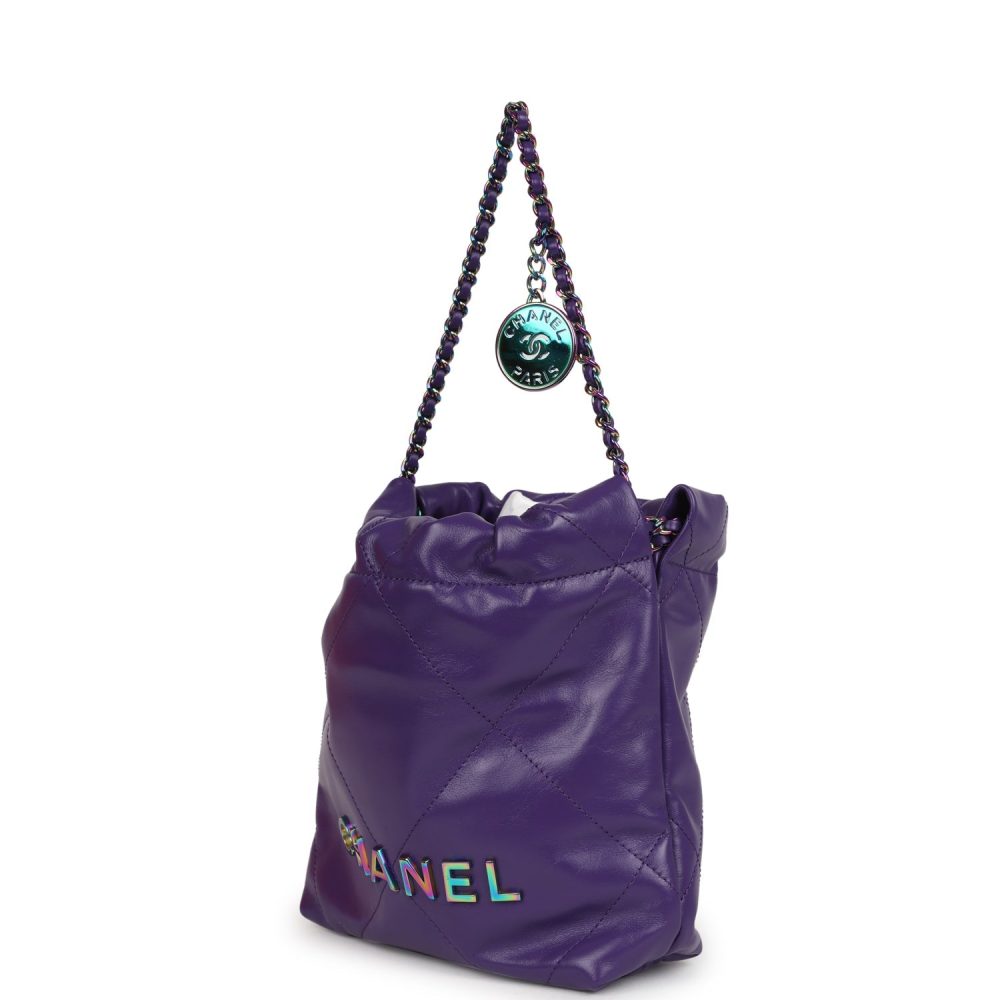 Chanel Mini 22 Bag Dark Purple Lambskin Rainbow Hardware - Image 2