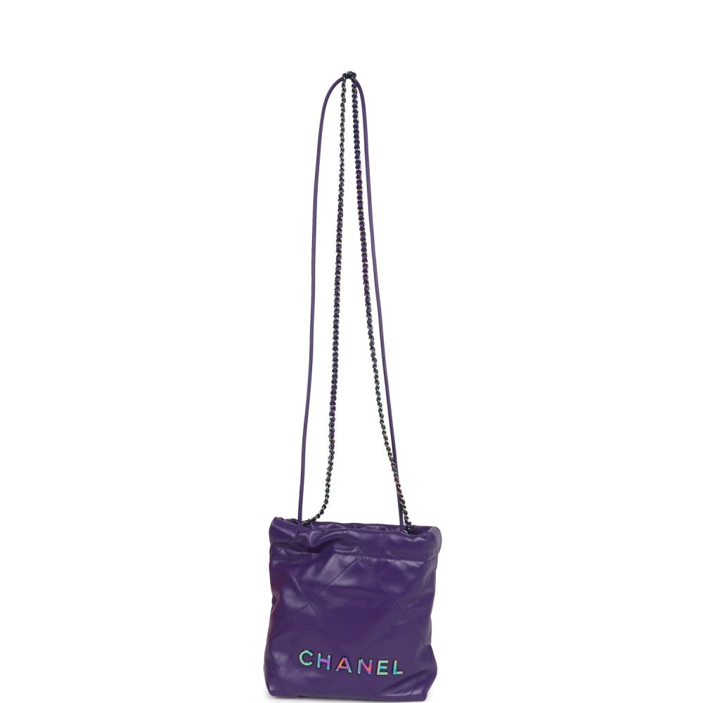 Chanel Mini 22 Bag Dark Purple Lambskin Rainbow Hardware - Image 6