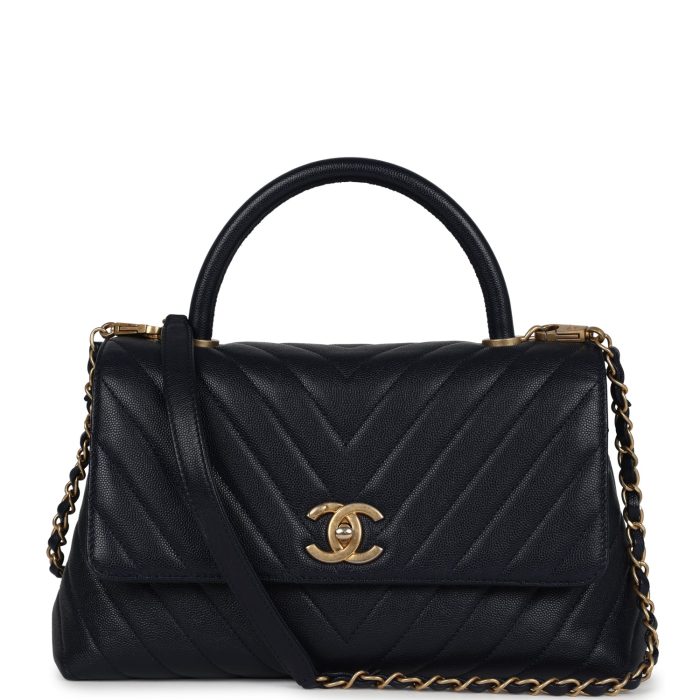 Pre-owned Chanel Medium Coco Top Handle Navy Blue Chevron Caviar Antique Gold Hardware