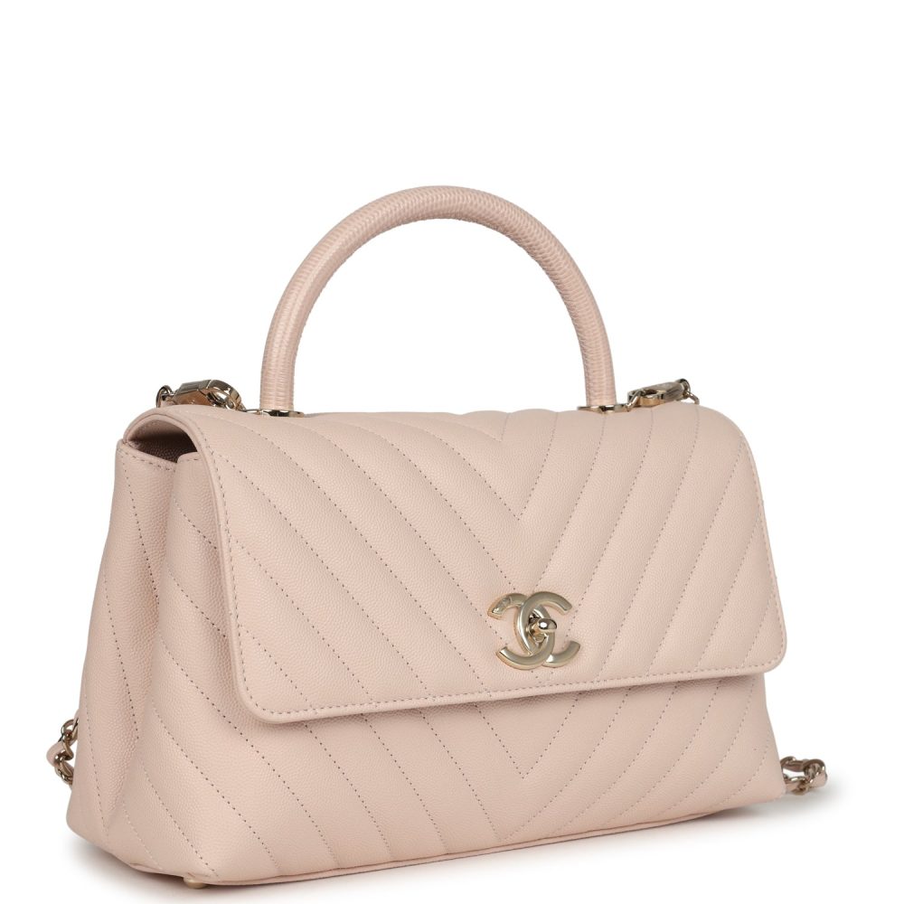 Chanel Medium Coco Top Handle Flap Bag Light Beige Chevron Caviar Light Gold Hardware - Image 2