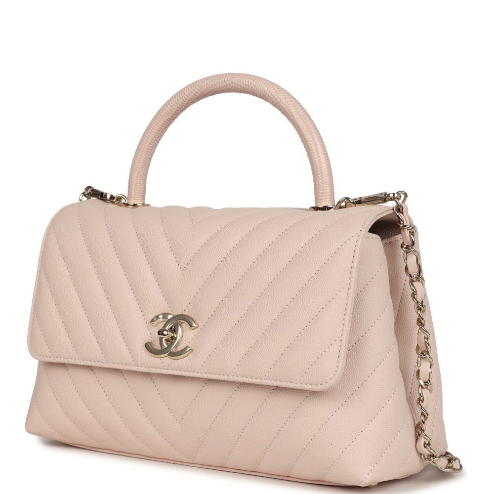 Chanel Medium Coco Top Handle Flap Bag Light Beige Chevron Caviar Light Gold Hardware - Image 5