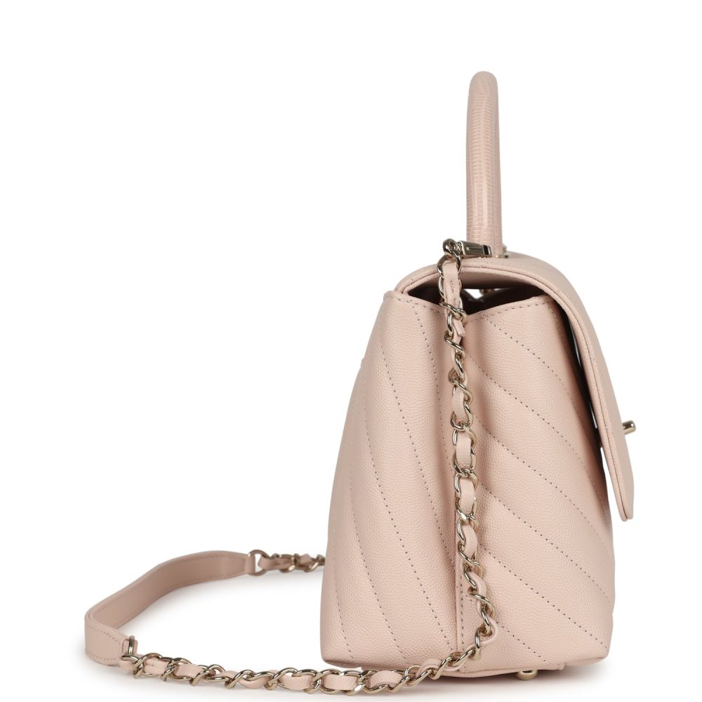 Chanel Medium Coco Top Handle Flap Bag Light Beige Chevron Caviar Light Gold Hardware - Image 3