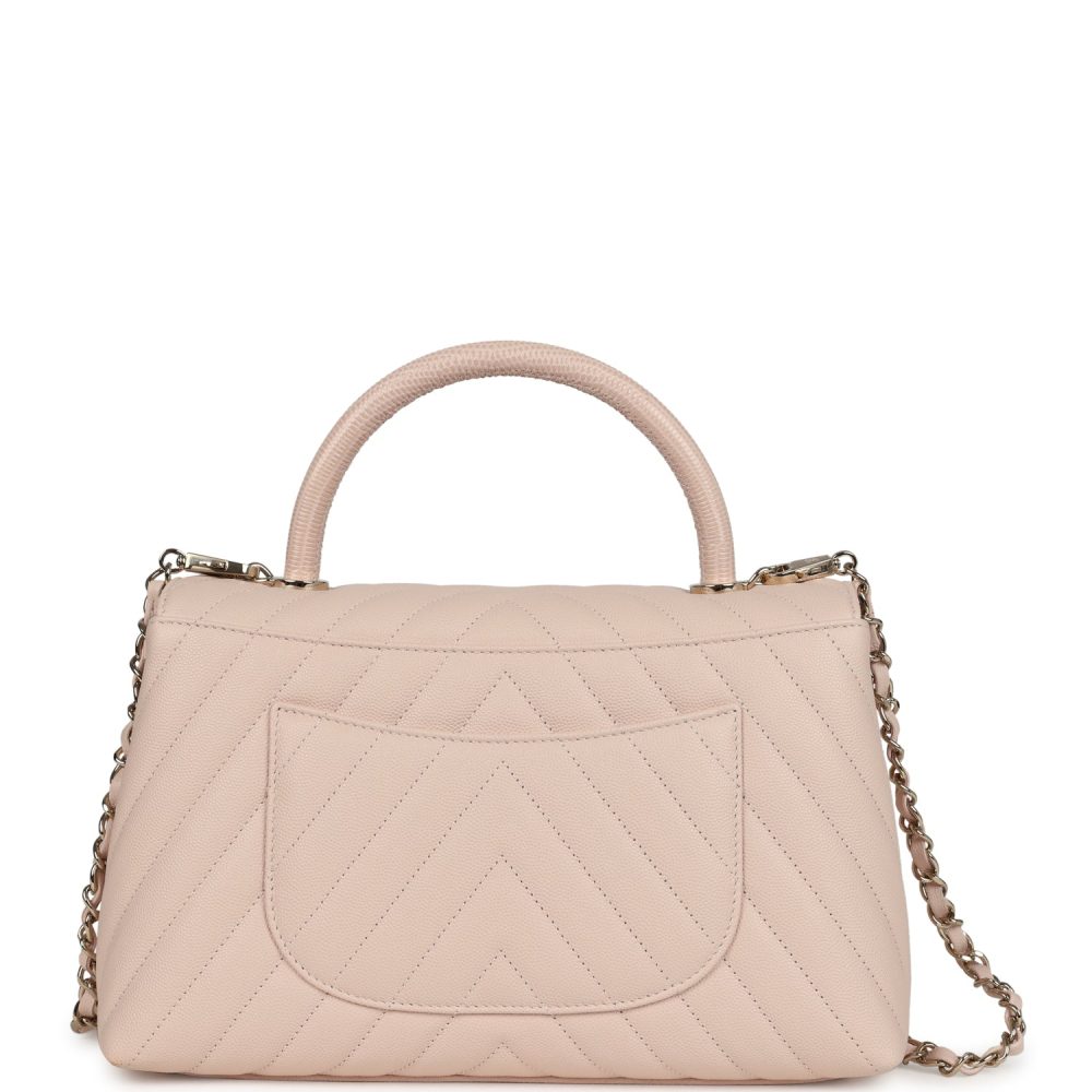 Chanel Medium Coco Top Handle Flap Bag Light Beige Chevron Caviar Light Gold Hardware - Image 4