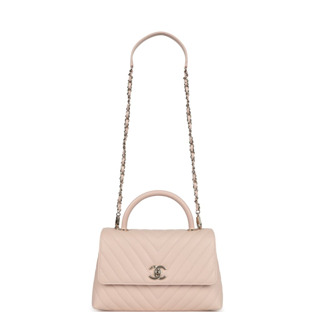 Chanel Medium Coco Top Handle Flap Bag Light Beige Chevron Caviar Light Gold Hardware - Image 7
