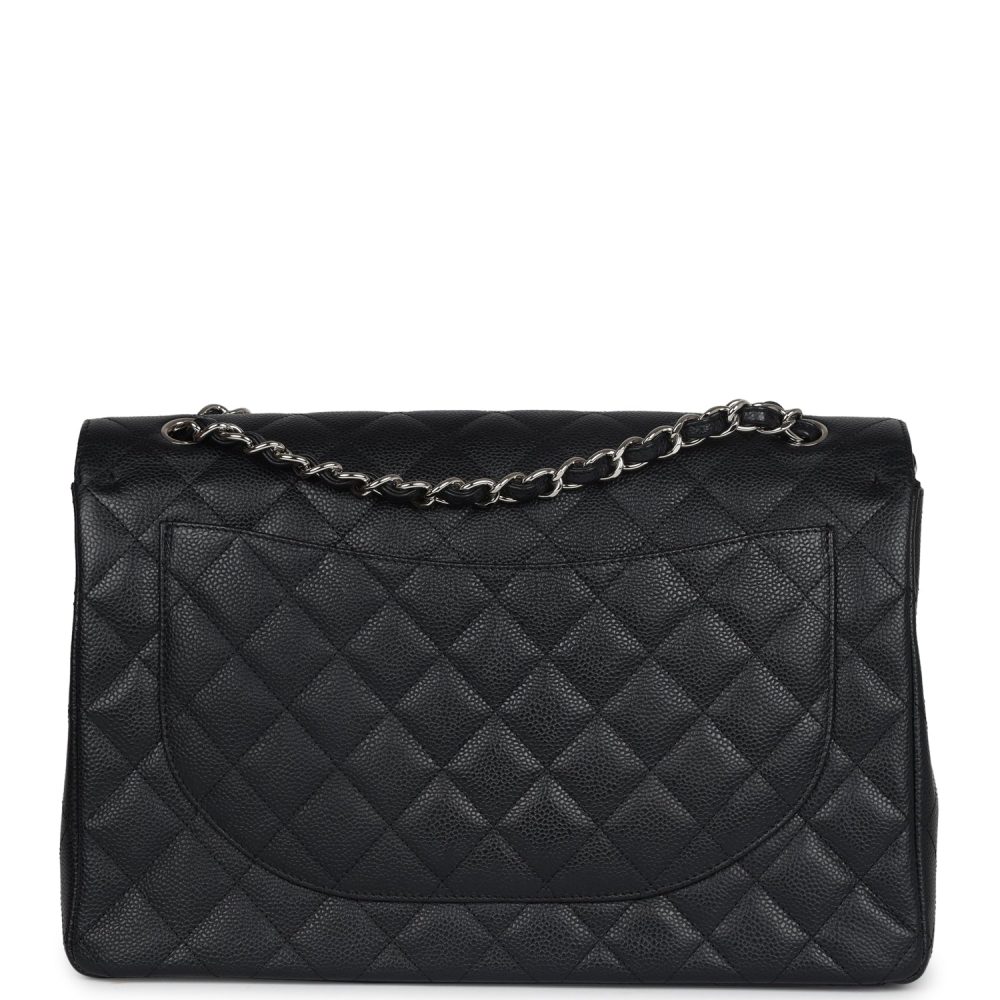 Pre-owned Chanel Maxi Classic Double Flap Bag Black Caviar Silver Hardware - Image 4