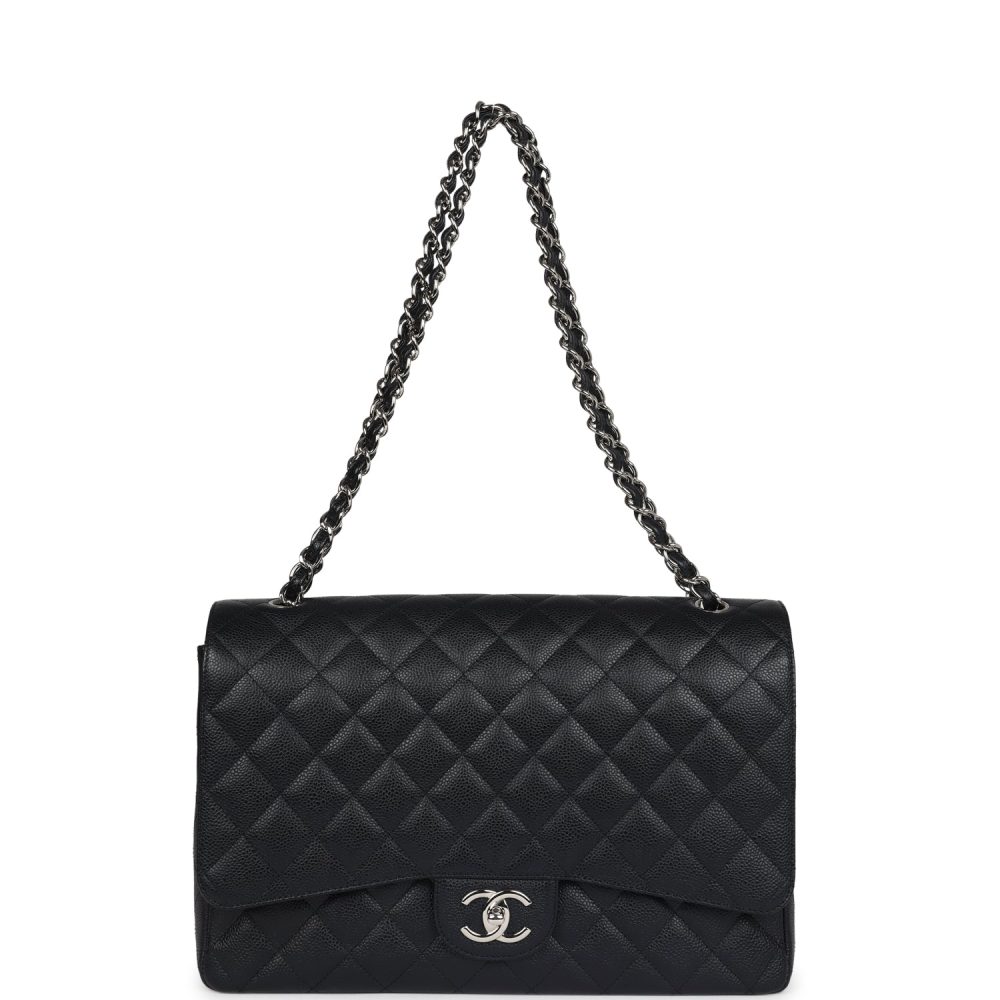 Pre-owned Chanel Maxi Classic Double Flap Bag Black Caviar Silver Hardware - Image 7