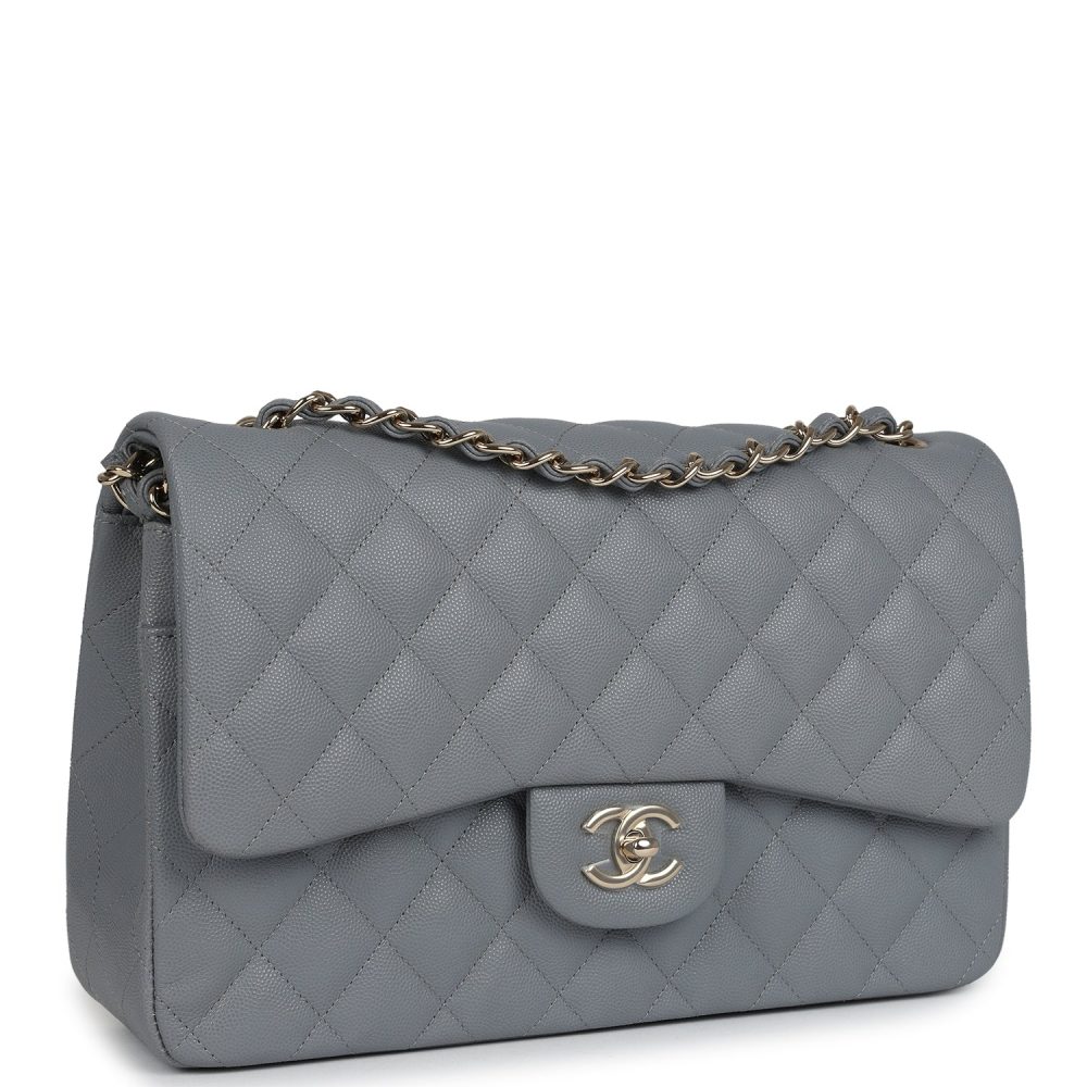 Chanel Jumbo Classic Double Flap Bag Light Grey Shiny Caviar Light Gold Hardware - Image 2