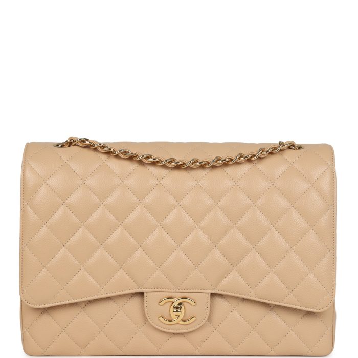 Chanel Maxi Classic Double Flap Bag Beige Caviar Gold Hardware